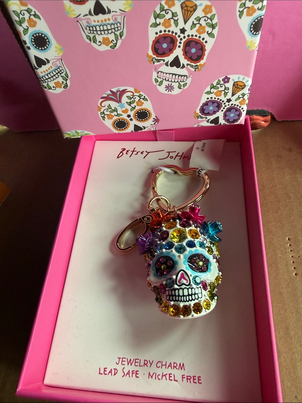 Betsey Johnson White Sugar Skull Pursechain or Keychain with Multicolor Crystals